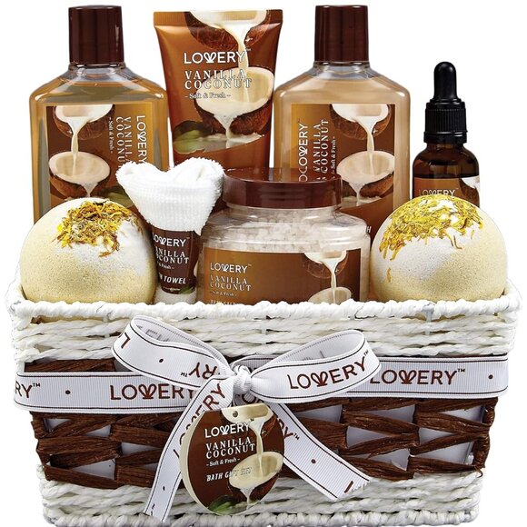 Bath and Body Gift Basket For Women and Men – 9 Piece Set of Vanilla Coconut Hom